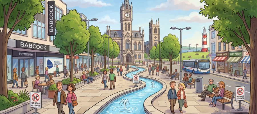 armada way plymouth city centre devon new trees rivers and babcock new buidilg cartoon