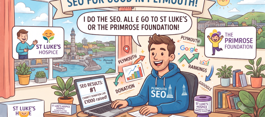 A cartoon illustration of a SEO expert wearing a headset and a hoodie that says "PLYMOUTH SEO," sitting in the air above Plymouth harbour in Devon, England. The character is working on a laptop displaying "PLYMOUTH SEO RISING!" while a large banner above reads "TOP SEO PLYMOUTH DEVON". The background features the iconic Smeaton's Tower lighthouse, the historic Royal Citadel, fishing boats, and a sunny, coastal