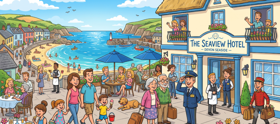hotel cartoon devon happy staff clients