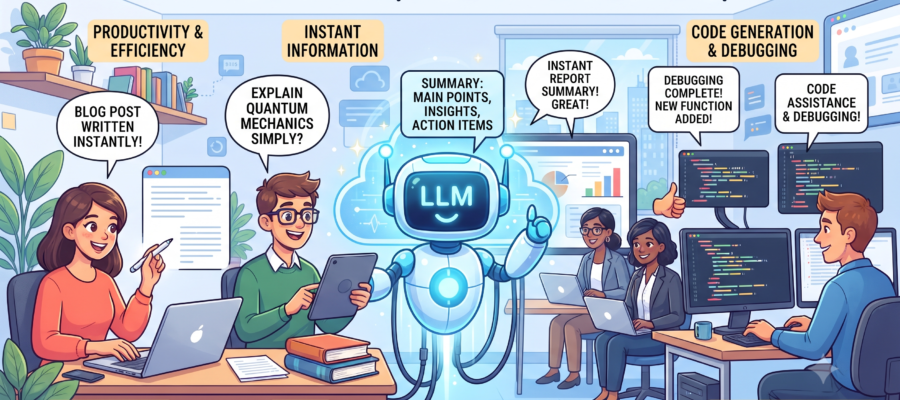 Cartoon illustration demonstrating the various productivity benefits of using Large Language Models (LLMs) in a professional office setting
