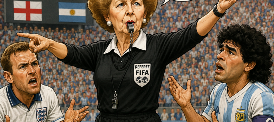 cartoon image of Margaret Thatcher as referee England v Argentina - World Cup FIFA